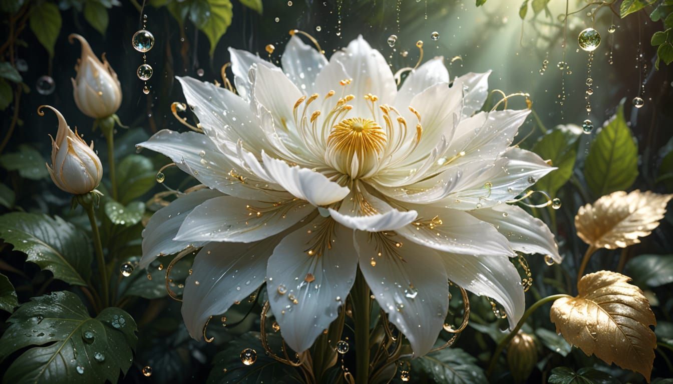 Majestic White Flower with Golden Accents in Fantasy Art