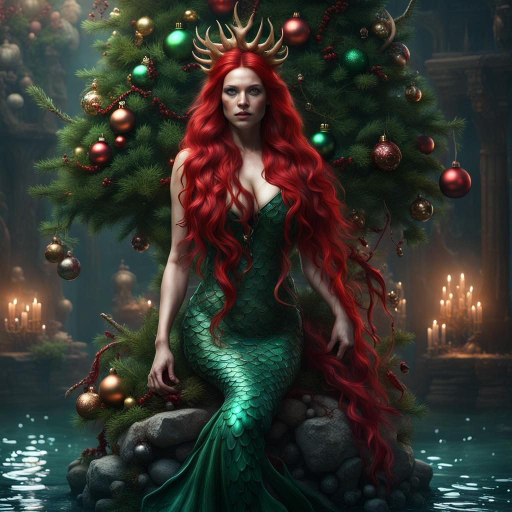 Evil Mermaid Christmas Tree in Hyperrealistic Style