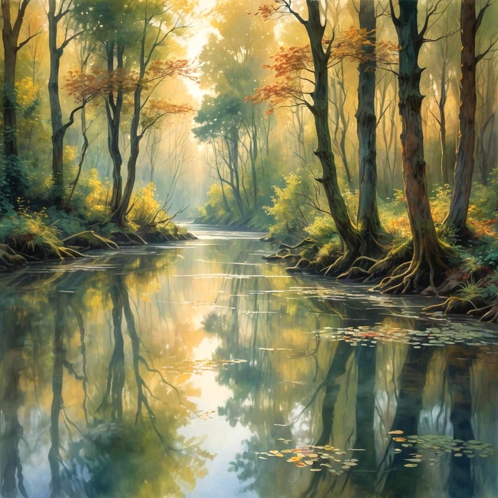 Surreal River Through Mystical Forest Landscape