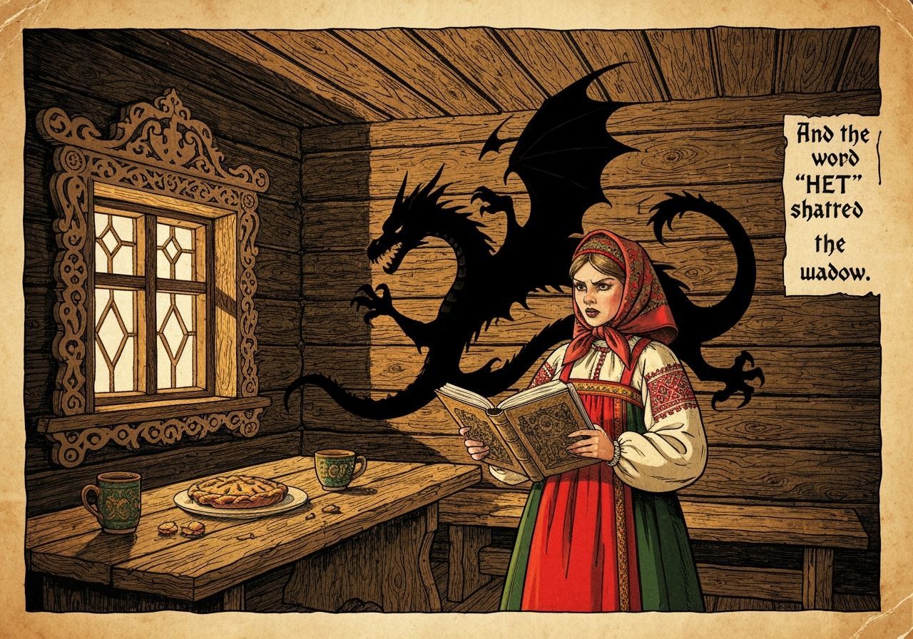 Russian Heroine Confronts Dragon Shadow in Bilibin Style