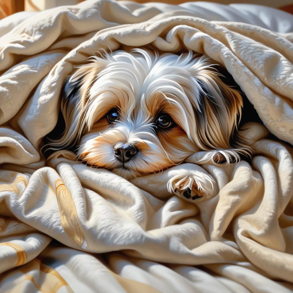Havanese Dog Peeking from Bed in Hyper-Realistic Detail