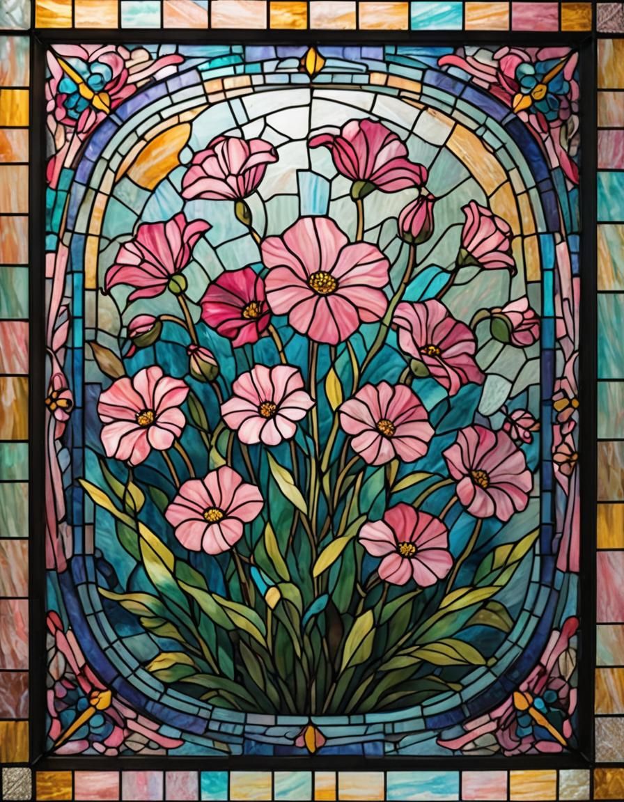 Stained Glass Balloon Flower Art in Square Frame