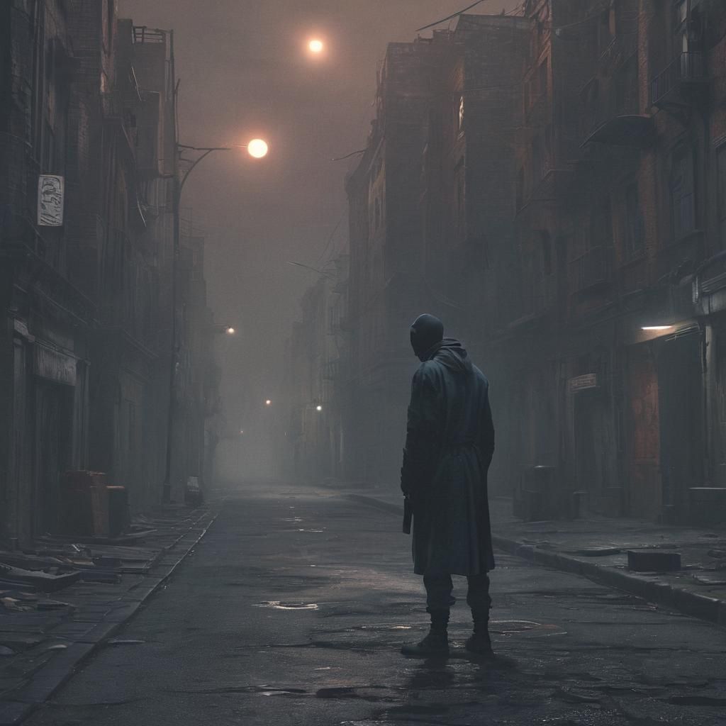 Dystopian Cityscape with Shocked Figure, Matte Painting