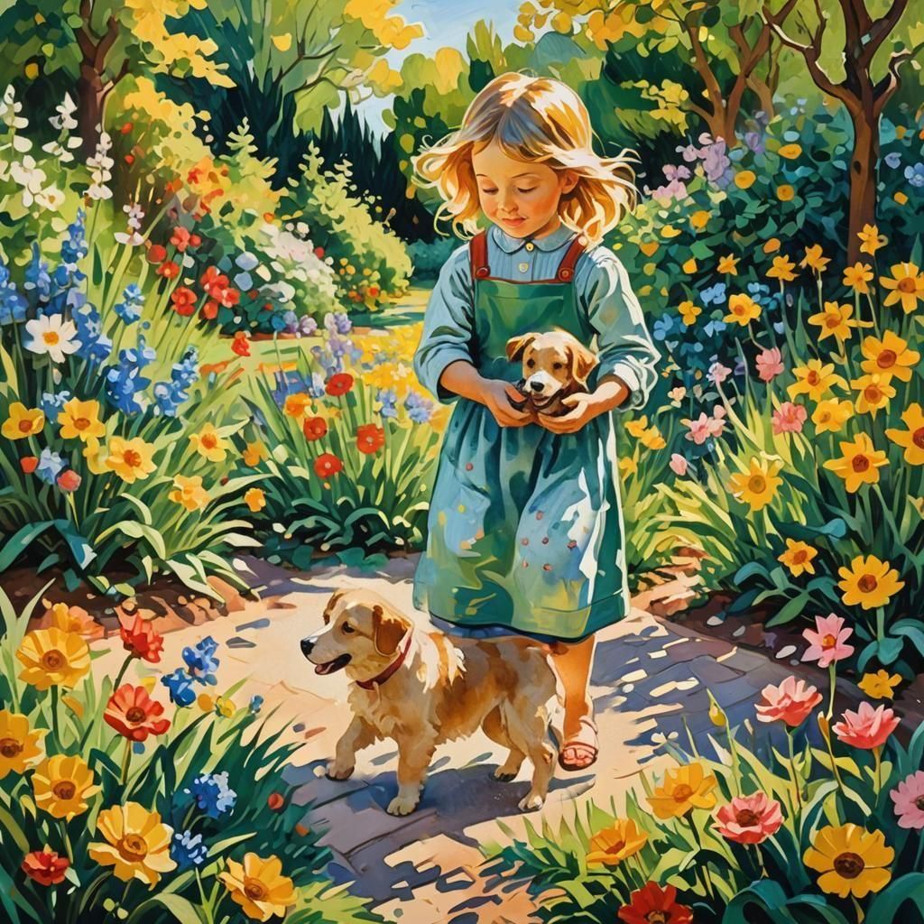 Girl and Puppy in Garden, Gouache Watercolor Art