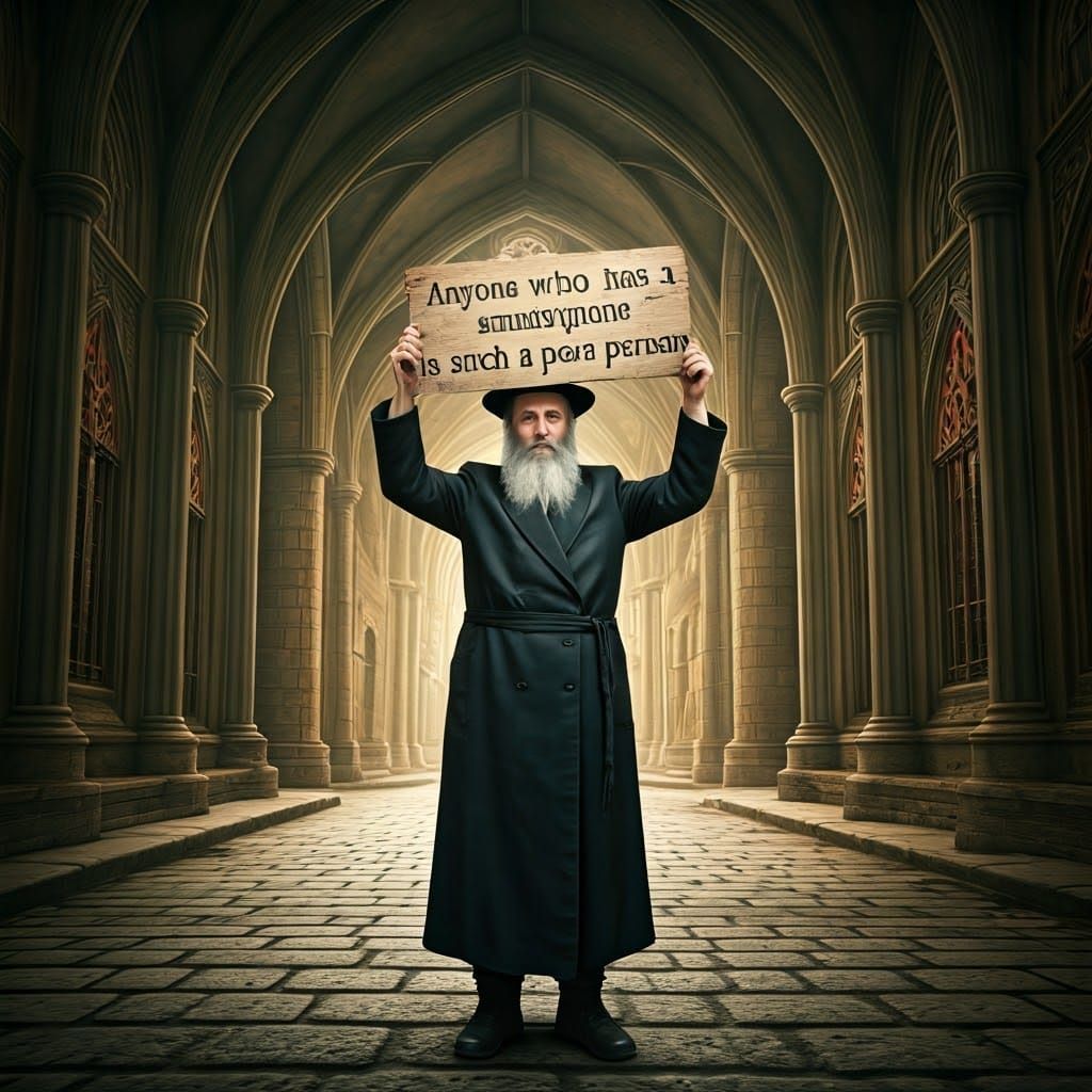 Haredi Figure Holds Bold Sign in Fantastical Environment