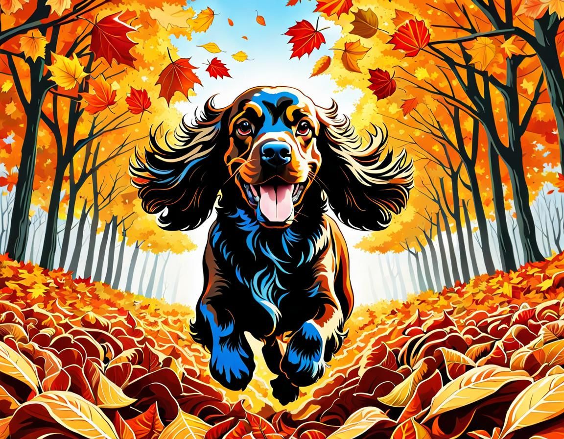 Happy Cocker Spaniel in Autumn Leaves, Digital Art