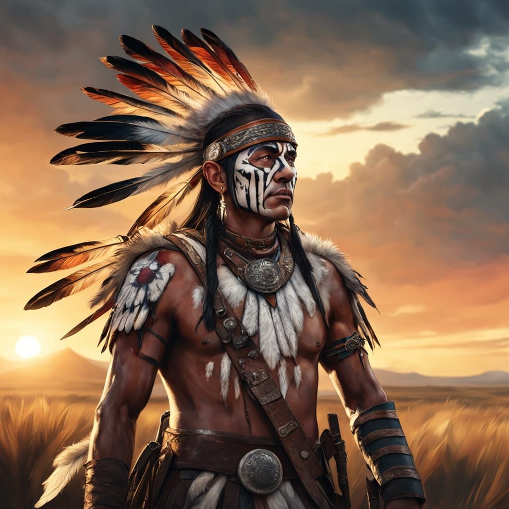 Cheyenne Dog Soldier on Windswept Plain at Sunset