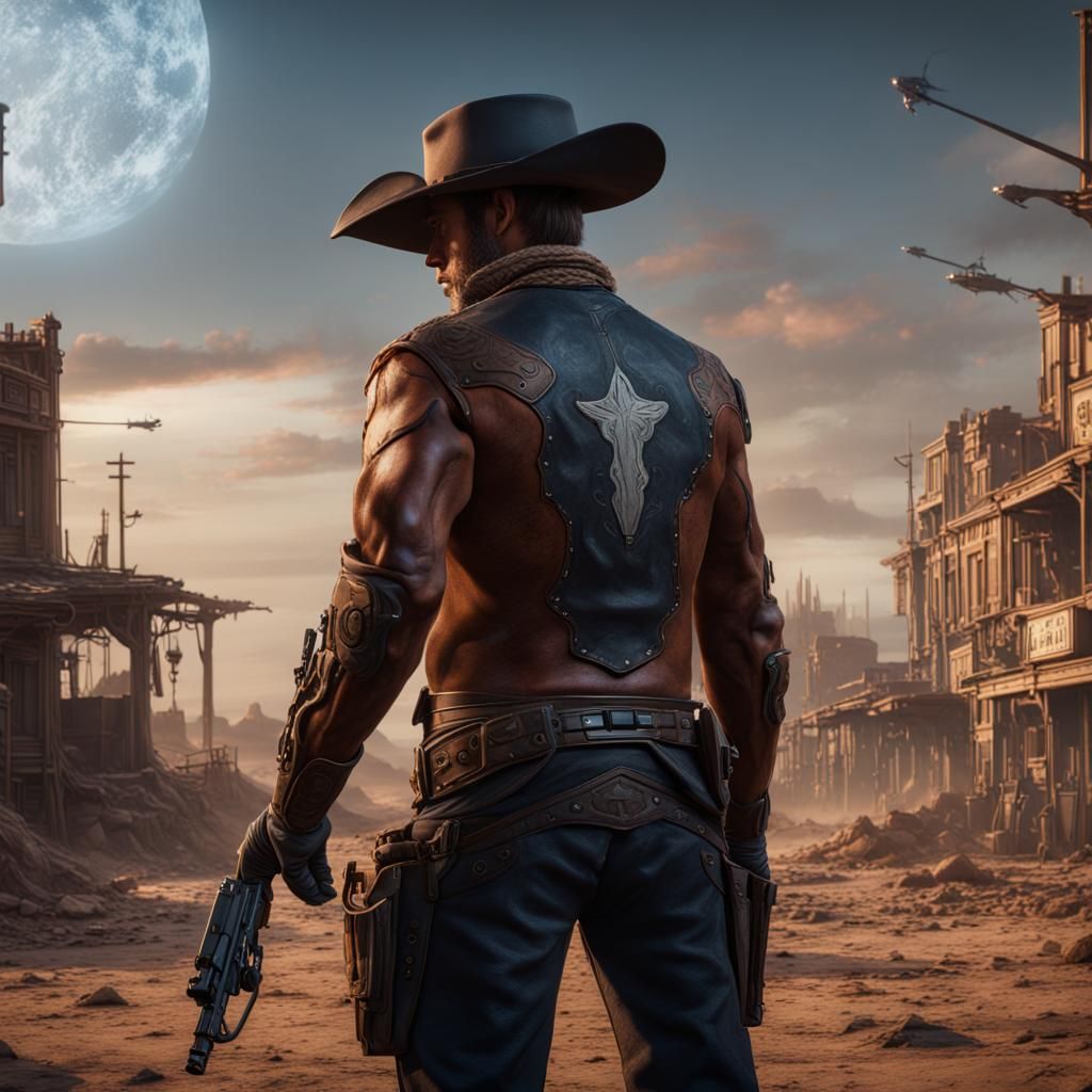 Sci-Fi Cowboy Gunfight in Detailed Matte Painting Style