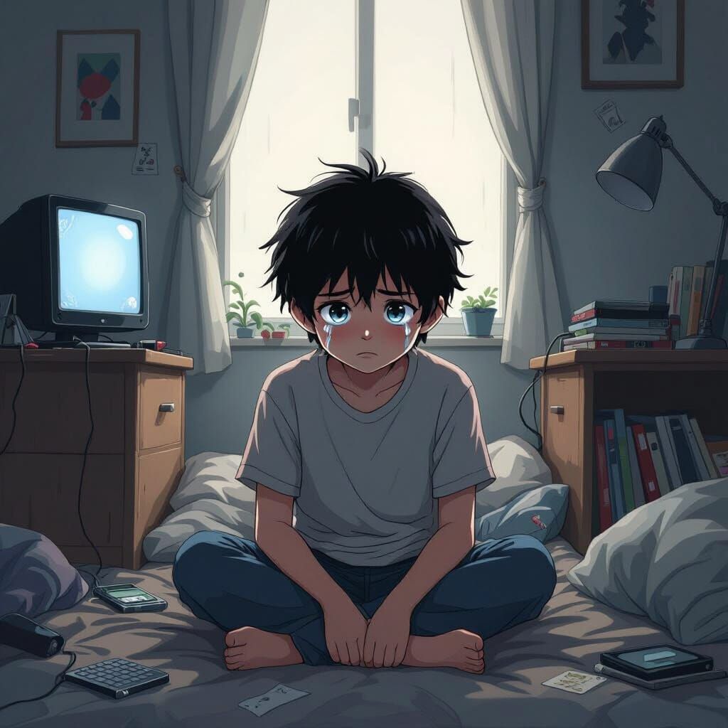 Sad Child in Dark Manga Style Room