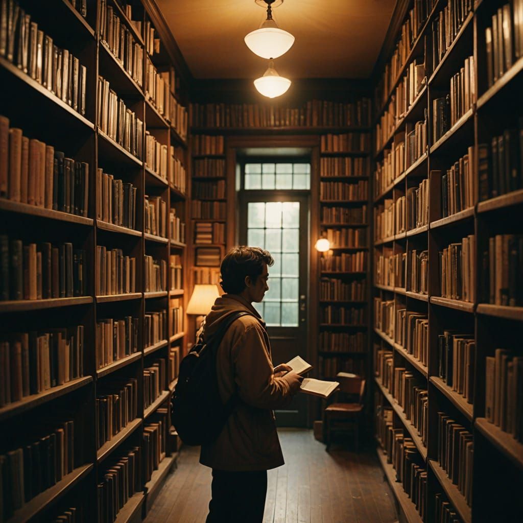 Cozy Library Atmosphere in Warm, Golden Light