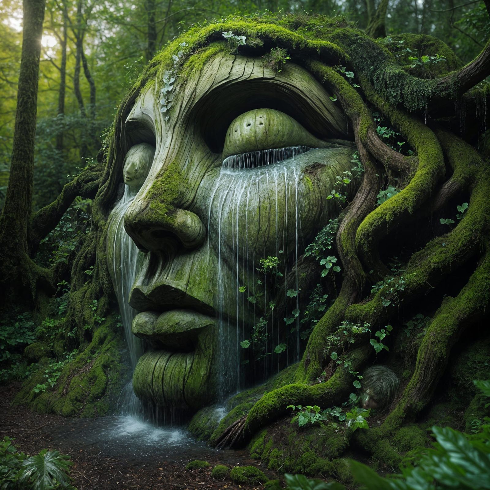 Mother Nature Weeps in Serene Wood Sculpture