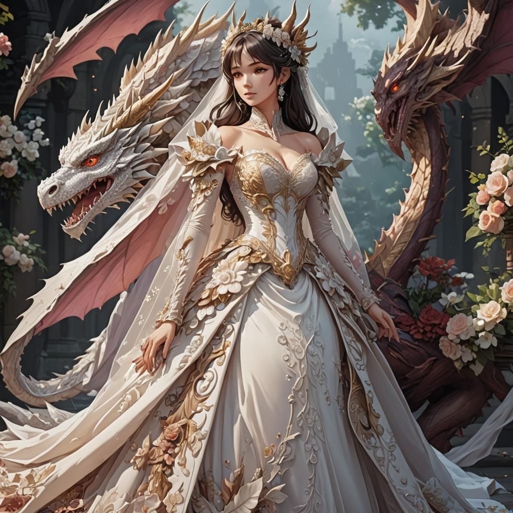 A dragon queen wearing an incredibly detailed wedding dress