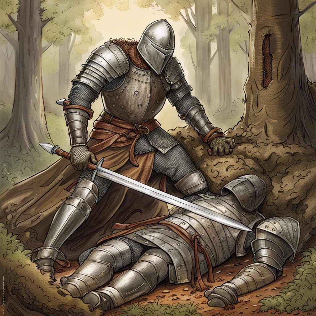 Victorious Knight in Forest, Medieval Fantasy Style