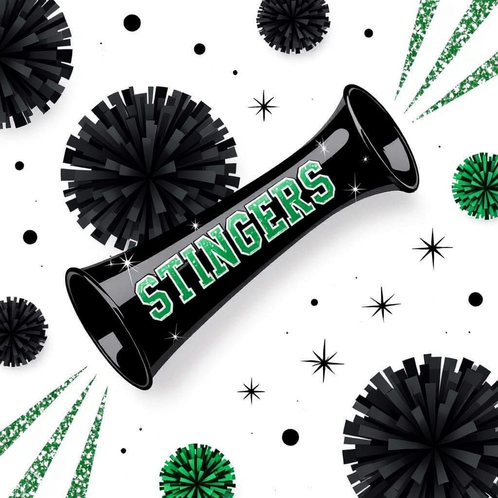 Green and Black Pompoms on Cheer Horn with Silver Sparkles