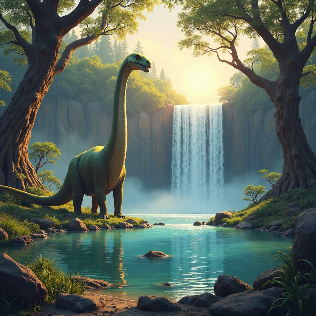 Brachiosaurus by Lake at Dawn in Matte Painting Style