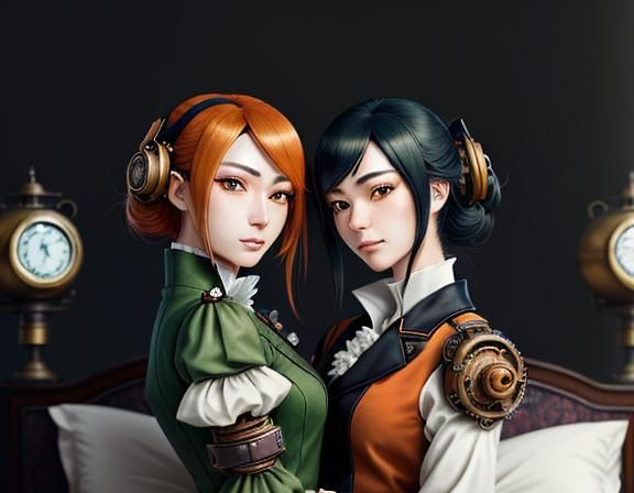 Kemono Twin Sisters Kiss in Steampunk Manga Style