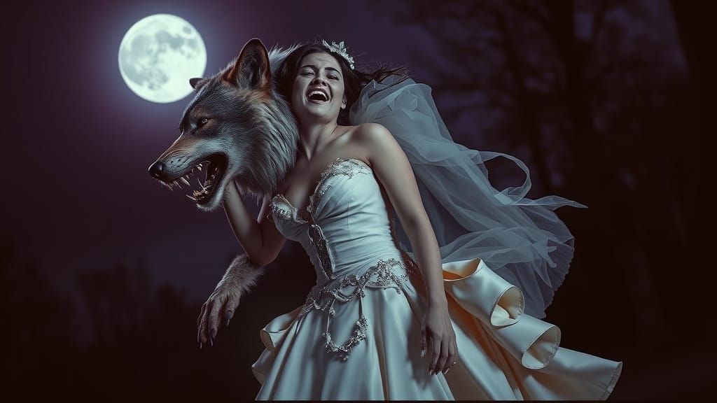 Ethereal Wolf Woman in Victorian Wedding Dress Under Full Mo...