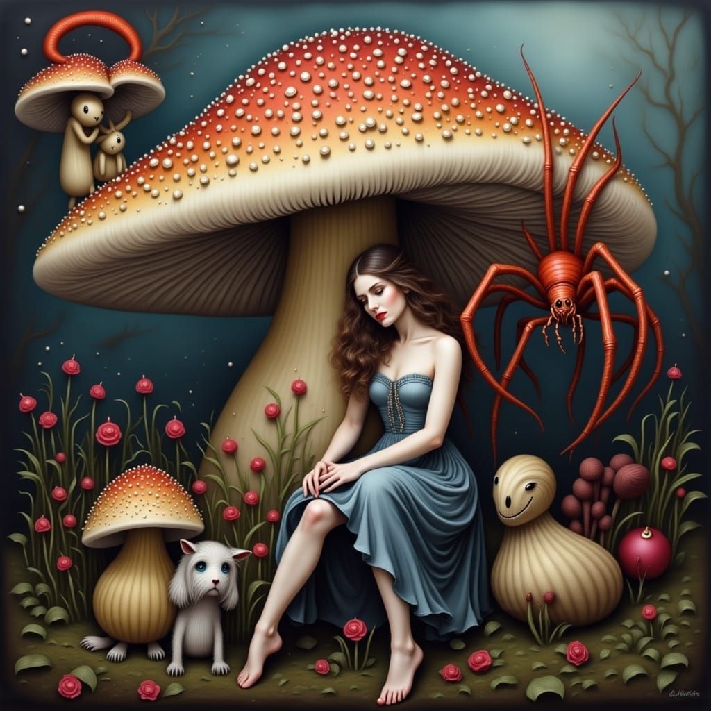 Lady, Mushroom, and Spider: A Storybook Scene
