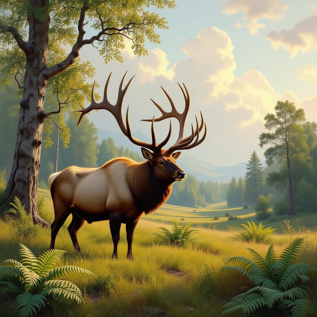 Irish Elk in Prehistoric Meadow, Romantic Landscape Painting