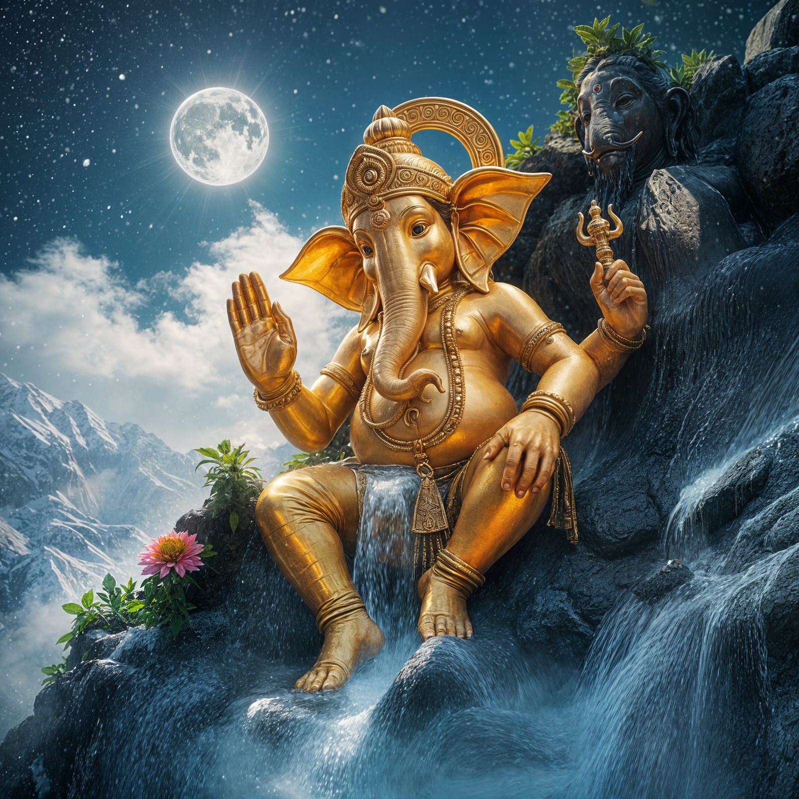 Ganesha Reveals Waterfall Landscape in Cosmic Style