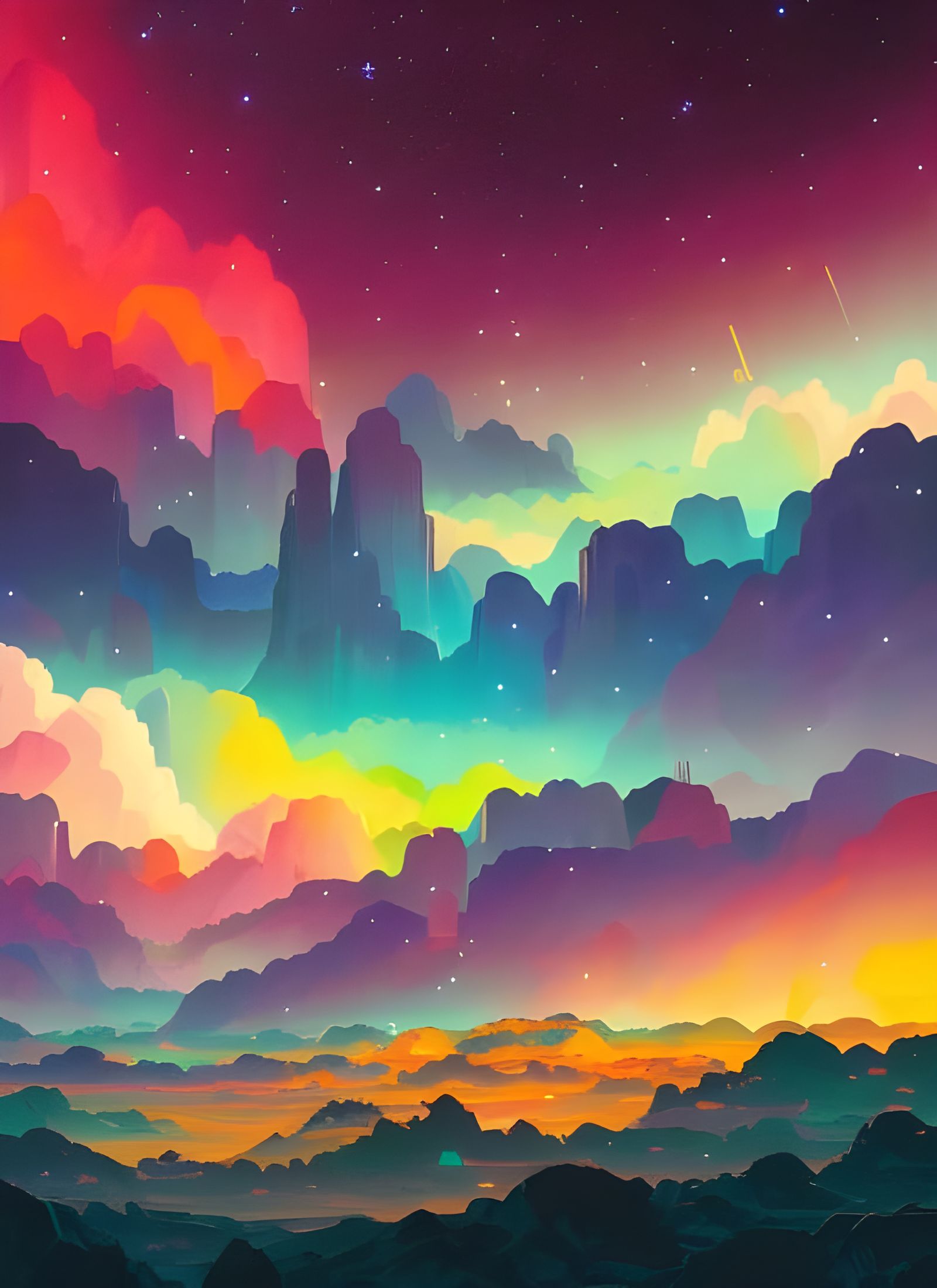 Iridescent Ink Drawing Landscape in Synthwave Style