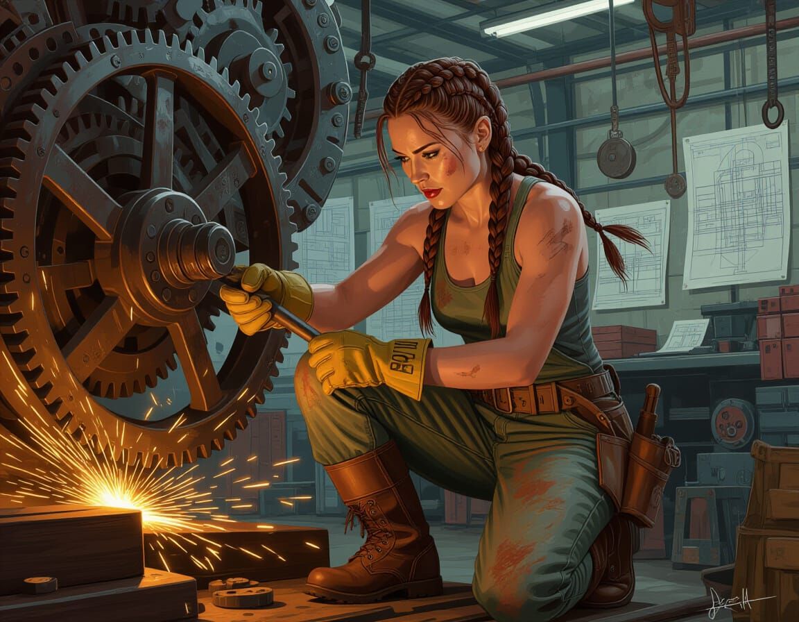 Mechanic Woman Working on Complex Machinery with Flying Spar...