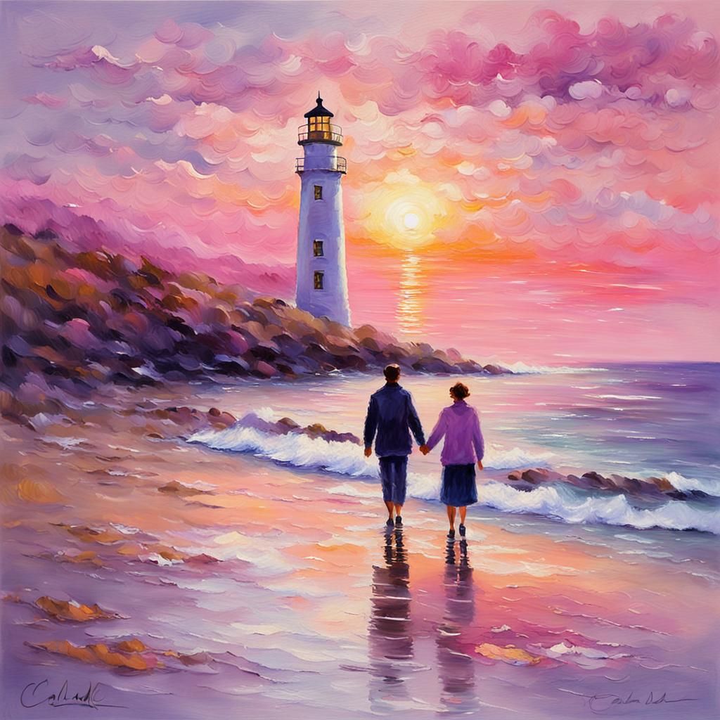 Romantic Seaside Stroll in Impressionist Style