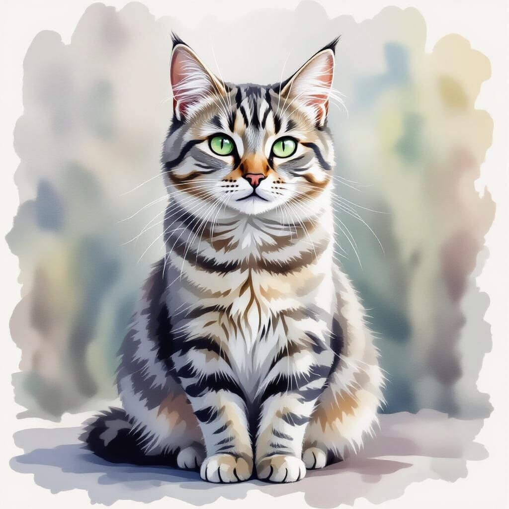 Watercolor Silver Tabby Cat with Green Eyes