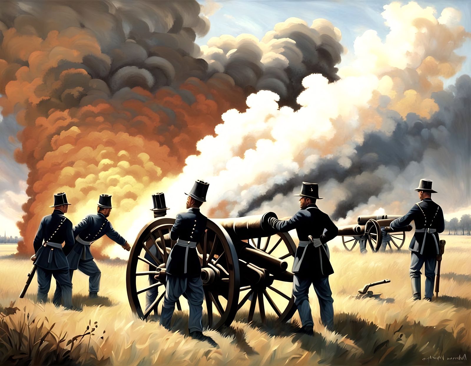 Civil War Soldiers Firing Cannon, Dramatic Oil Painting