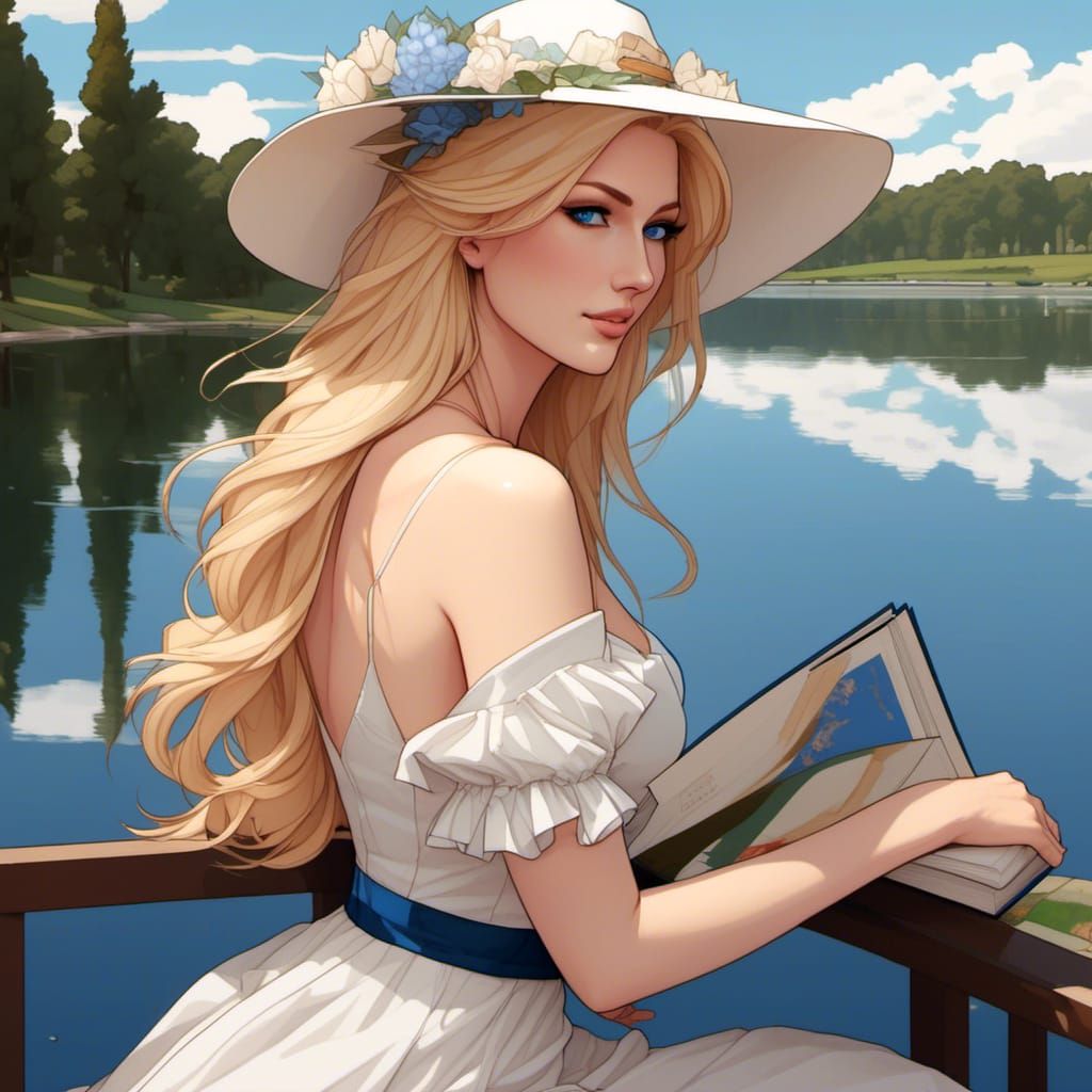 Blonde Girl Reading by Lake: Hyperdetailed Portrait