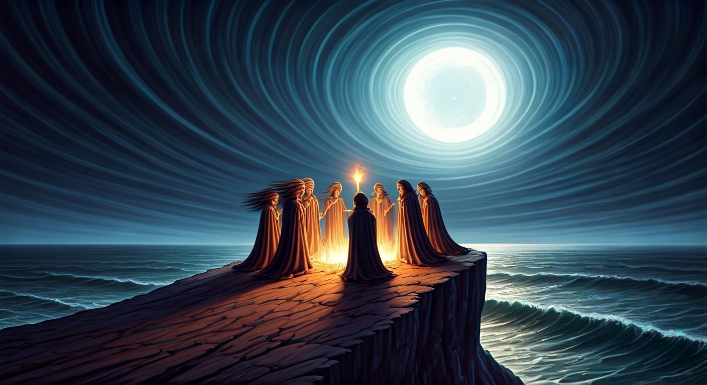 Witches Ritual on Stormy Cliff Under Crescent Moon