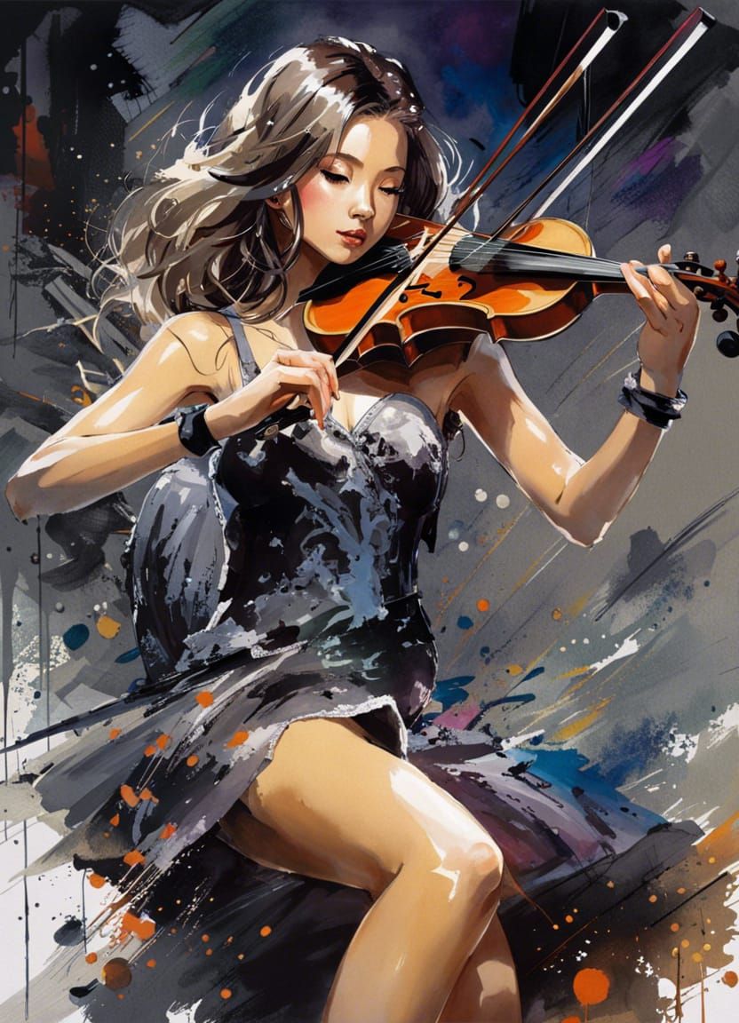 Kaori Miyazono Portrait Playing Violin in Splash Art Style