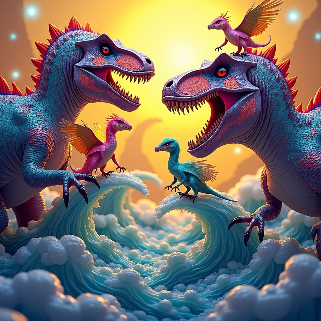 Iridescent Dinosaurs in Psychedelic 3D Anime Style