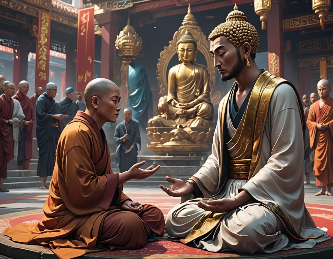 Futuristic Debate Stage Featuring Buddhist and Muslim in Ani...