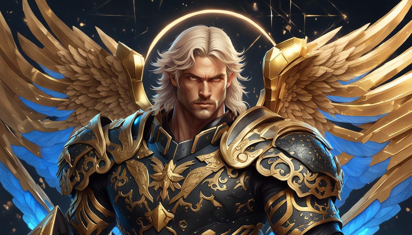 Angel Uriel in Golden Armor, Hyperrealistic Illustration