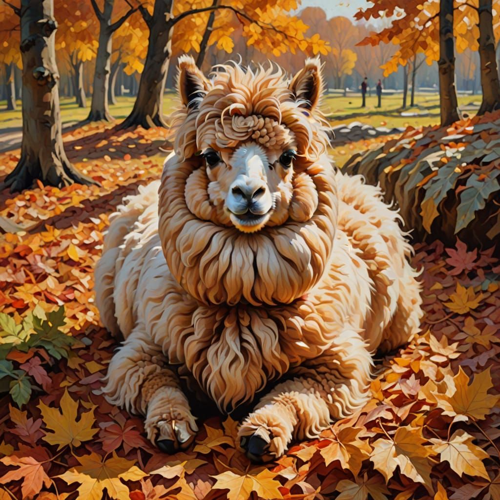 Impressionist Alpaca Joyfully Rolls in Autumn Leaves