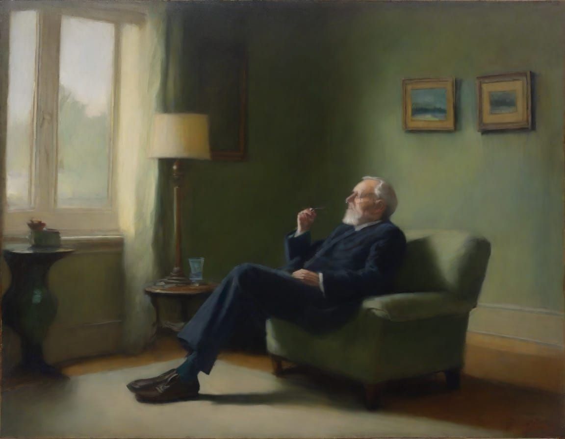 Tonalist Painting of Grandfather Smoking a Pipe