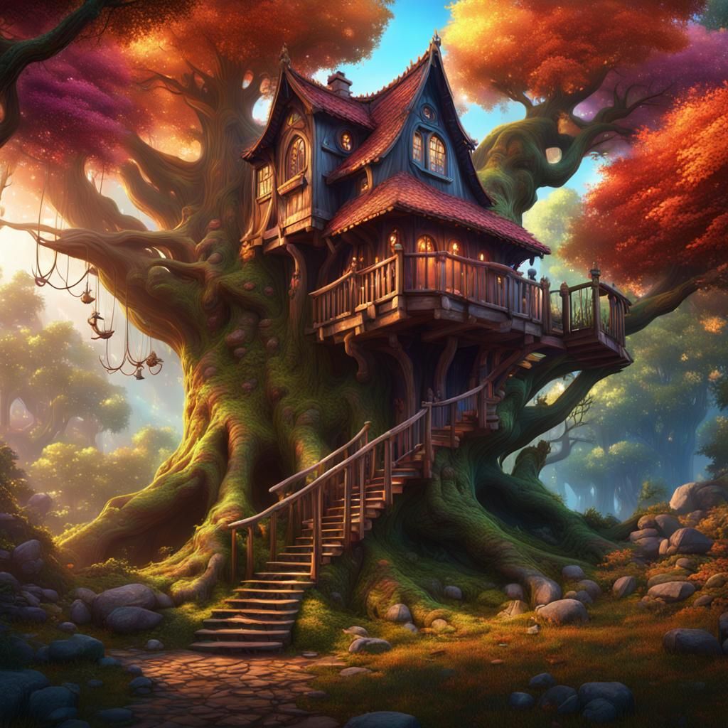 Treehouse in Colorful Forest: Detailed Matte Painting