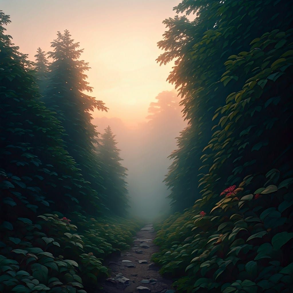 Ethereal Sunset Through Misty Fog