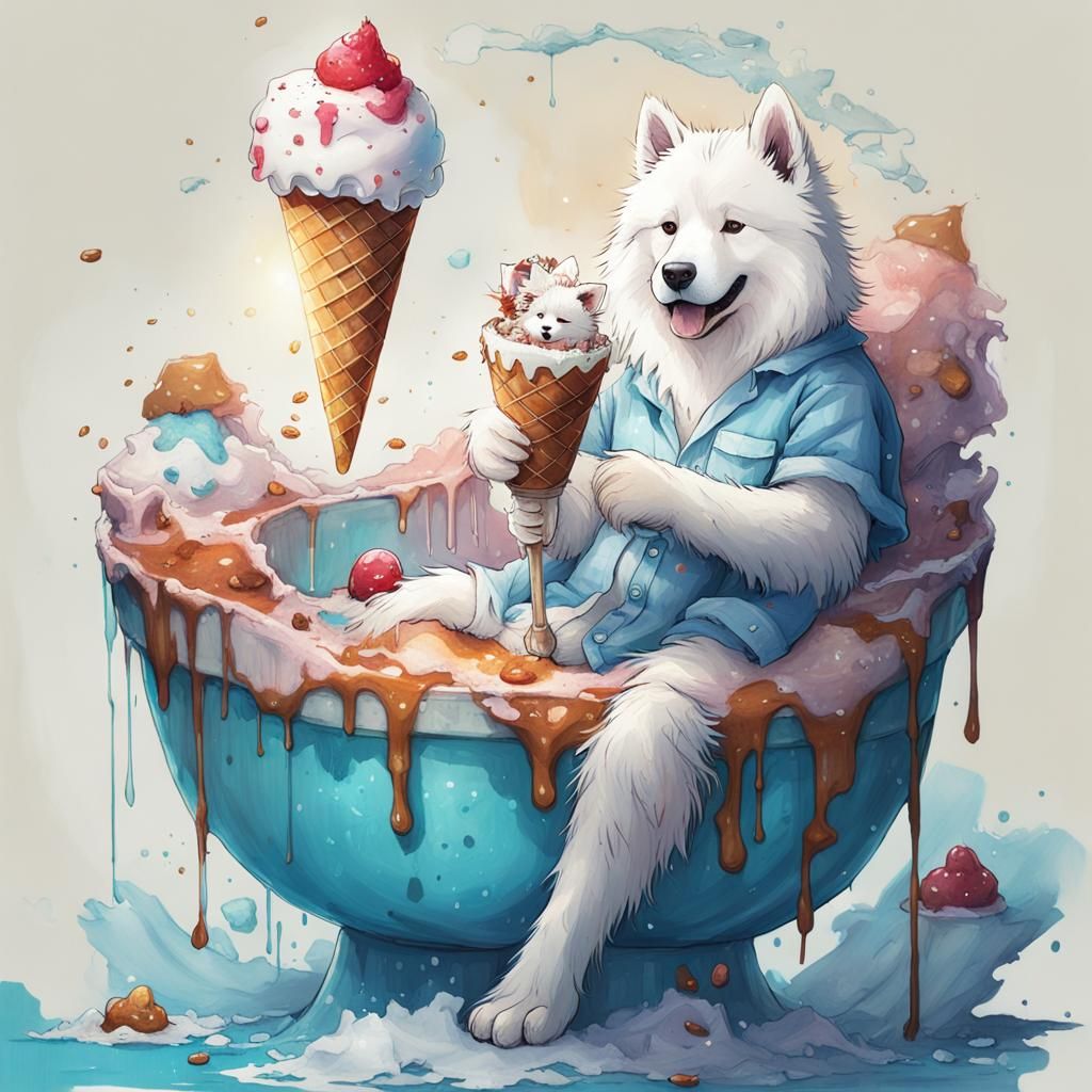 Samoyed dog wearing pajamas eating ice cream