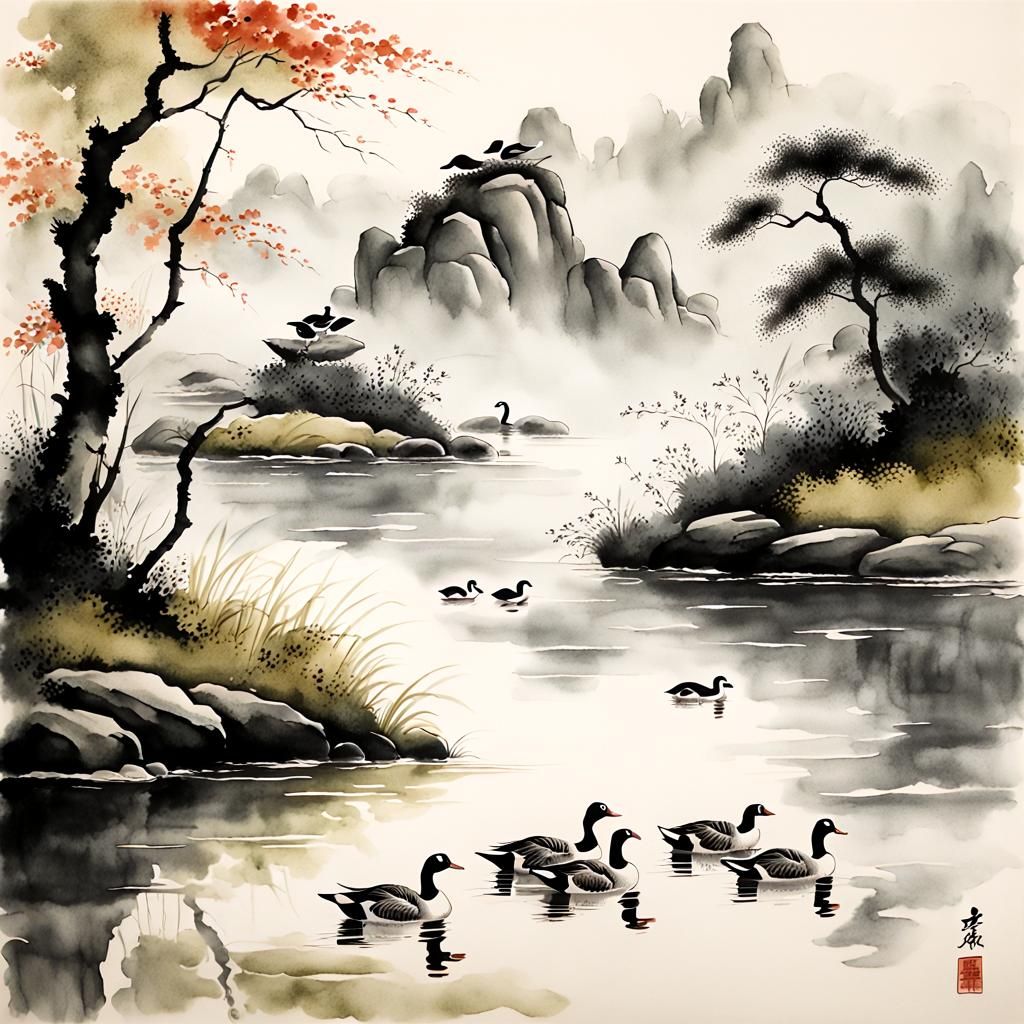 Reed Geese in Traditional Chinese Ink Painting