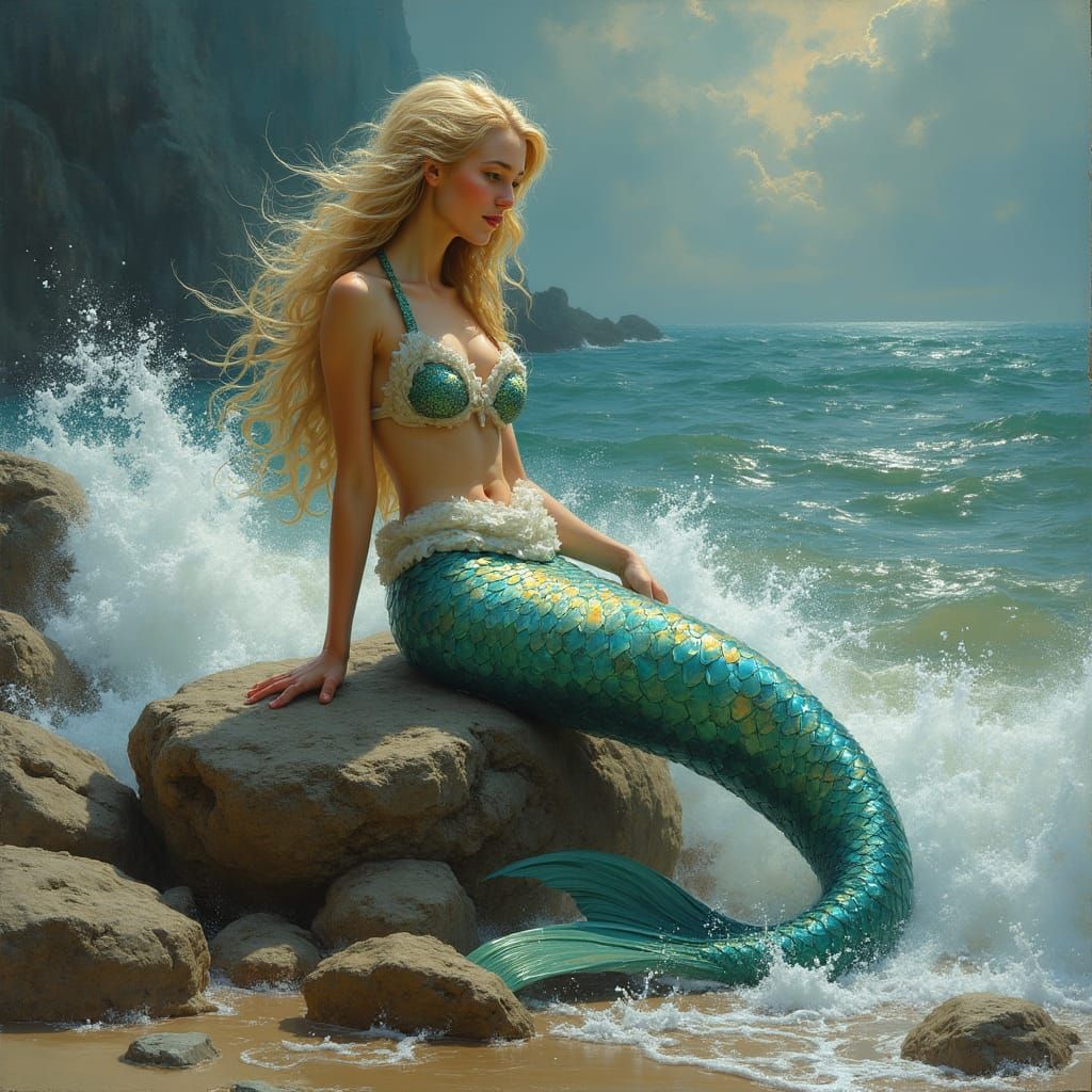 Mermaid on Rocks in Turbulent Ocean, Romantic Style