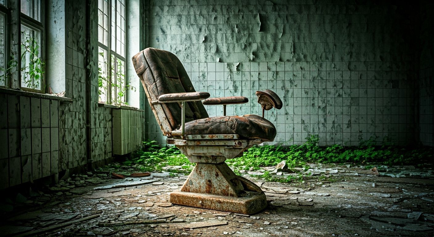 Eerie Abandoned Gynaecological Chair in Dark Art Style