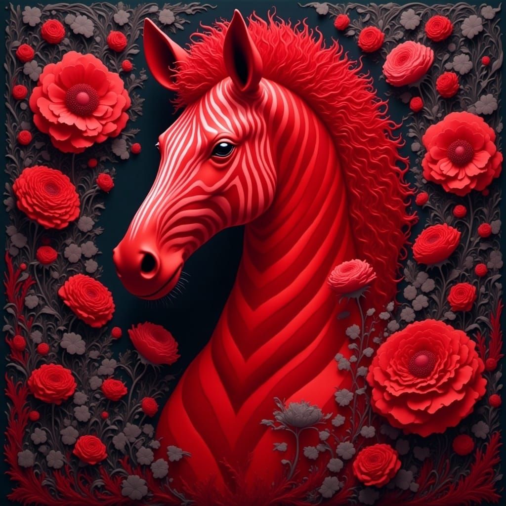 Regal Crimson Zebra Amidst Black Blooms in Vibrant, Expressi...