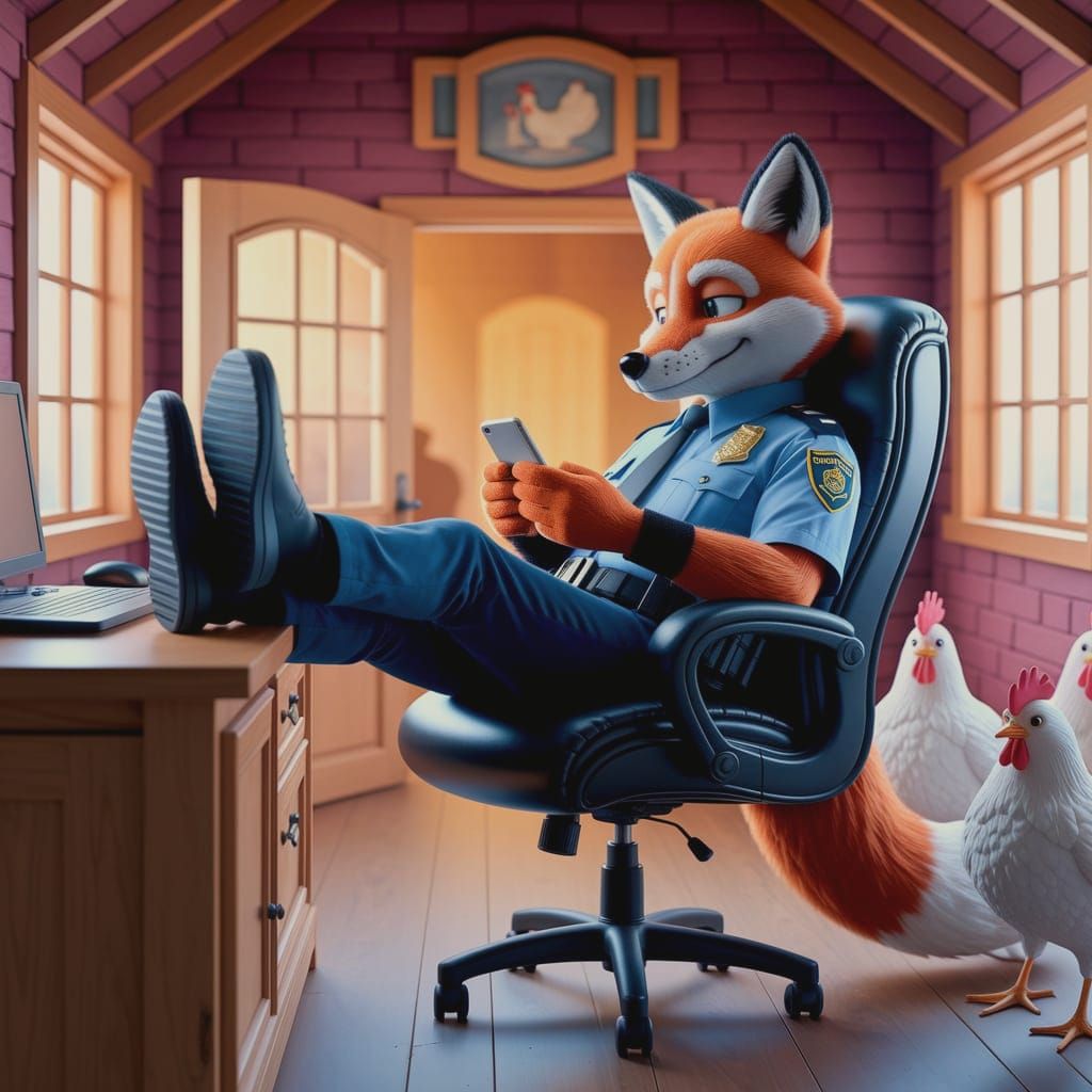 Cartoon Fox Guard in Hen House