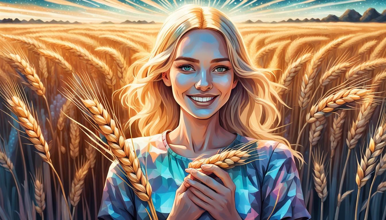 Golden Haired Woman in Wheat Field: Cosmic Illustration