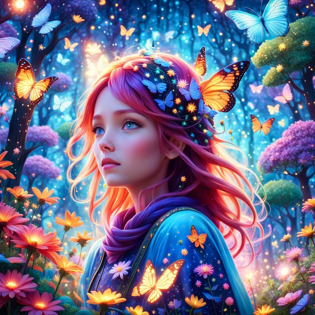 Girl in Surreal Forest Dreamscape with Butterflies