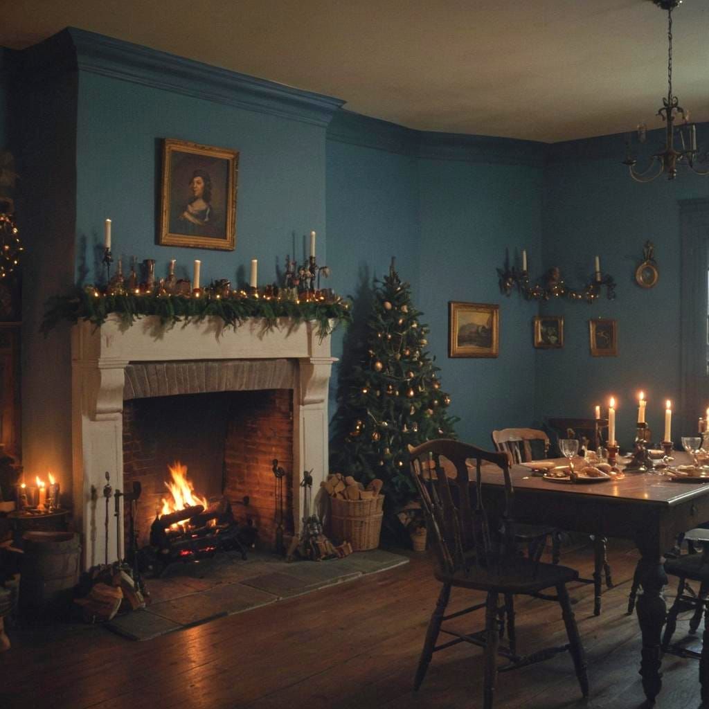 Colonial tavern, open hearth, fireplace, Christmas decoratio...