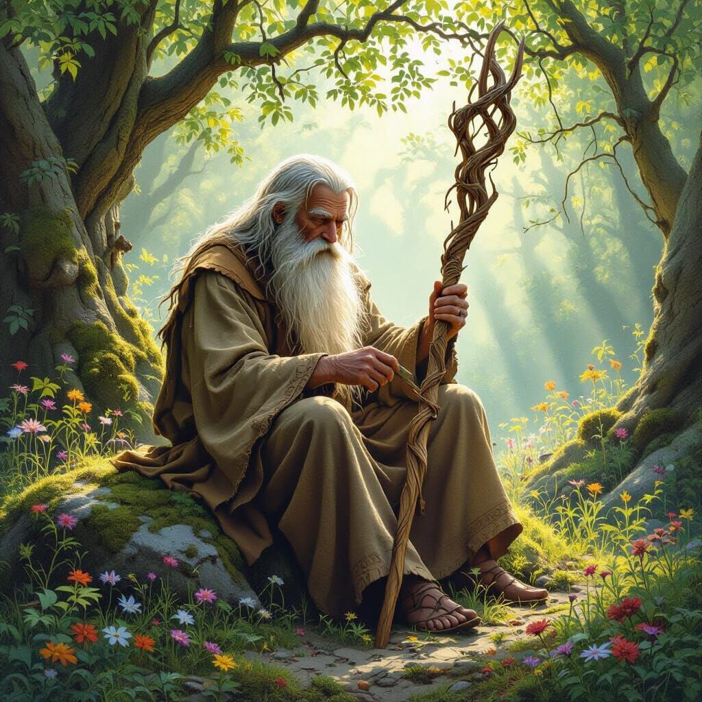 Forest Hermit Carving Staff: Hyperrealistic Fantasy Art