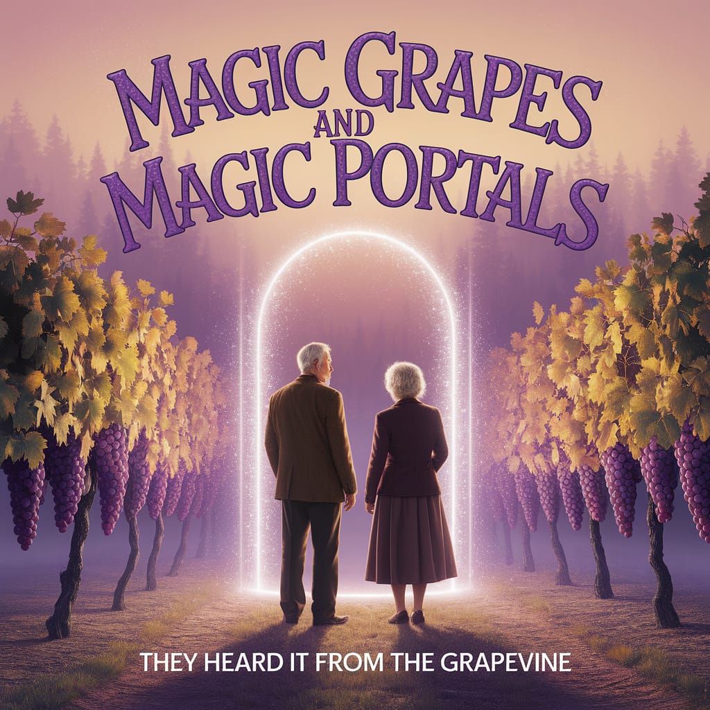 Enchanted Vineyard Scene with Magical Grapes and Portals